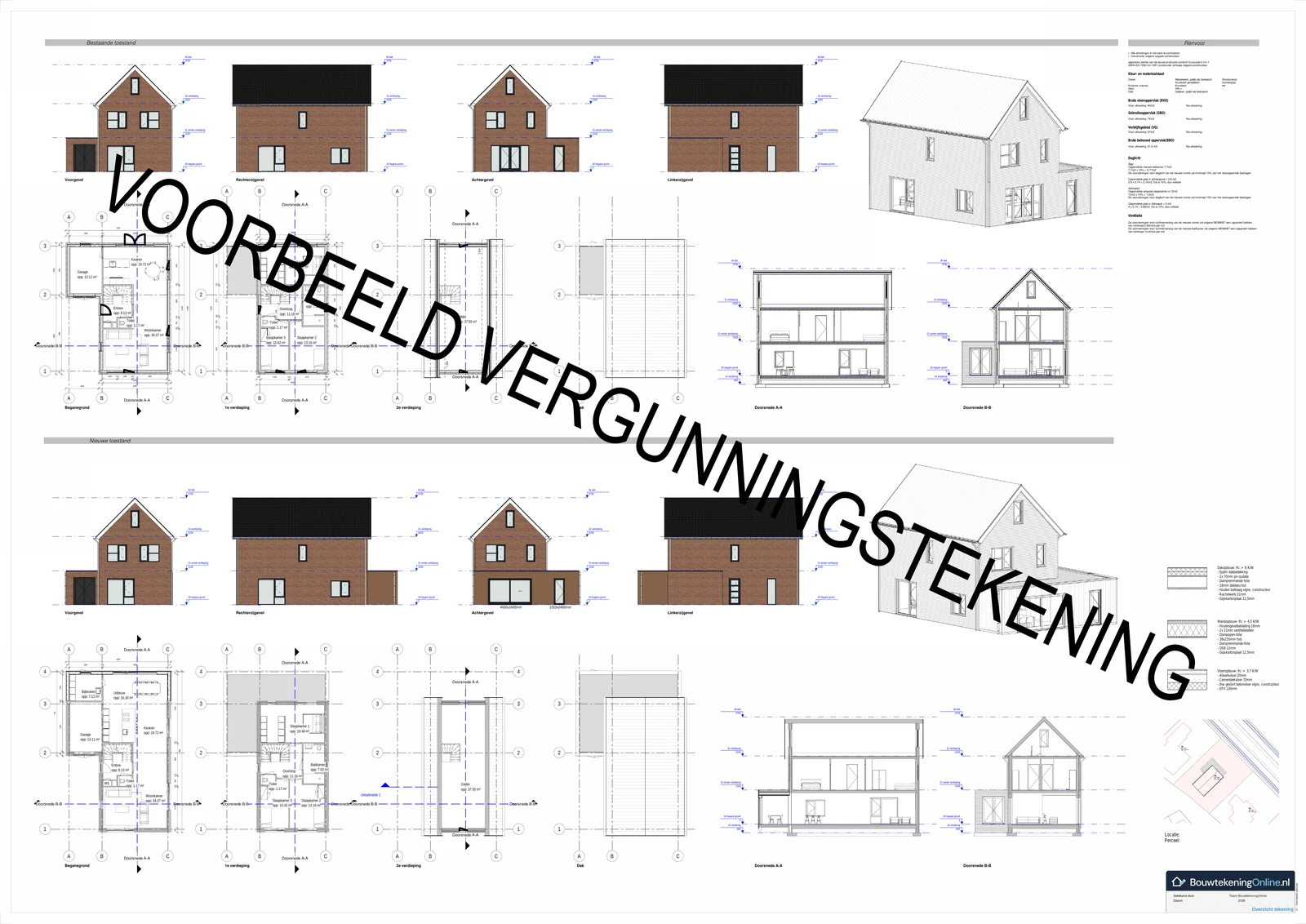 Voorbeeld vergunningstekening van een aanbouw met de bestaande en nieuwe toestand: gevels, plattegronden, doorsneden, renvooi en situatietekening